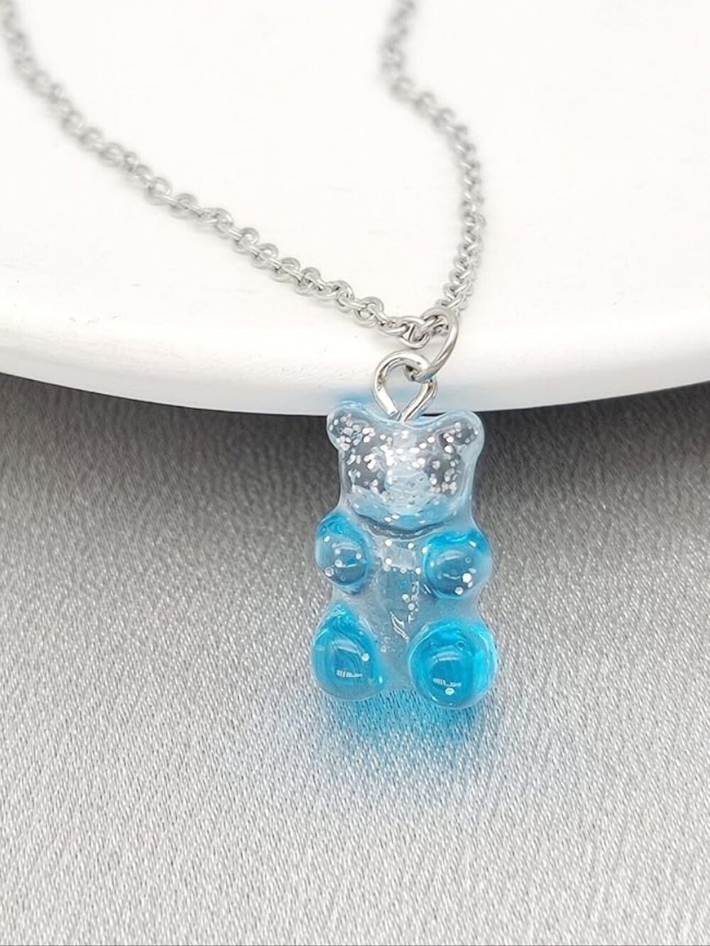 Silver Chain Necklace with Blue Gummy Bear Pendant